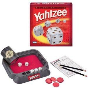 Hasbro Yahtzee Deluxe Edition Glassic Dice Board Game with Premium Cup and Tray